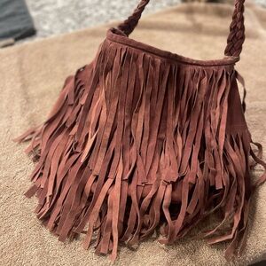 Fringe Leather Shoulder Bag - Mauve